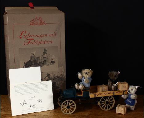 Steiff (Germany) EAN 038914 delivery cart with teddy bears, the teddy bears with trademark Steiff button to ears with red and