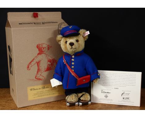 Steiff (Germany) EAN 995316 Wilhelm der Berliner Telegrammbote teddy bear, trademark Steiff button to ear with red and white 