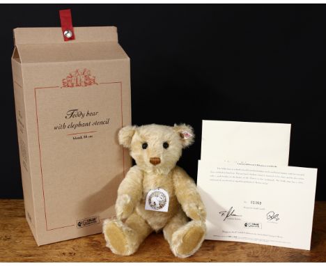 Steiff (Germany) EAN 038969 teddy bear with Elephant Stencil, trademark Steiff button to ear with red and white tag, 28cm hig
