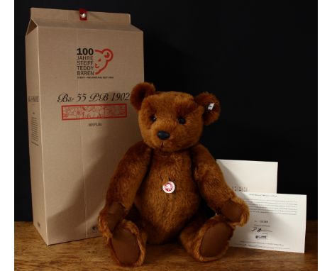 Steiff (Germany) EAN 404009 55PB teddy bear replica 1902, trademark Steiff button to ear with black and white tag, 55cm high,