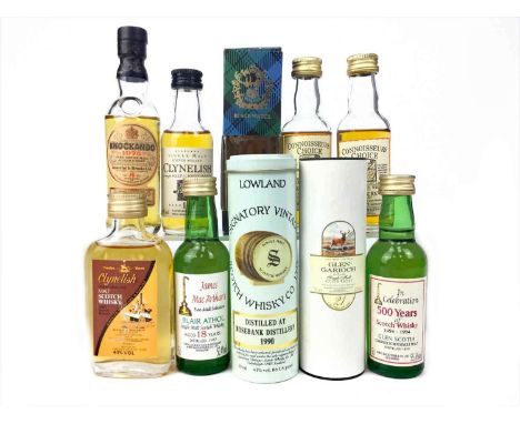 TEN SINGLE MALT SCOTCH WHISKY MINIATURES Includes Rosebank 1990 Signatory Vintage aged 9 years (43%), Glenlochy 1974 Connoiss