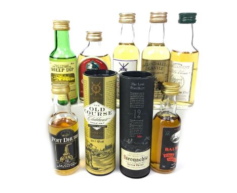 TEN SCOTCH MALT WHISKY MINIATURES Includes Glencoe 100° proof (57%), Balmoral 15 years old (46%), Ballindaloch Castle 1966 (4