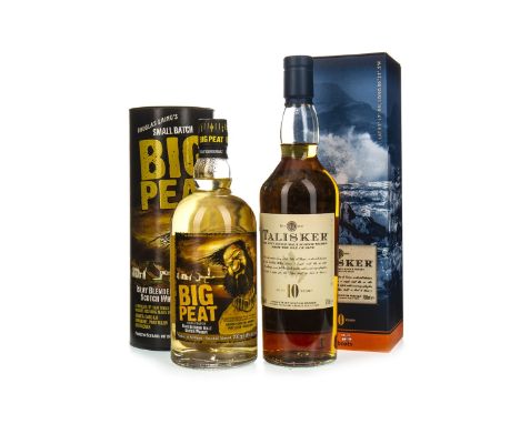 TALISKER AGED 10 YEARS Single Malt Scotch Whisky 70cl, 45.8% volume, in box. BIG PEAT Blended Malt Scotch Whisky A blend of A
