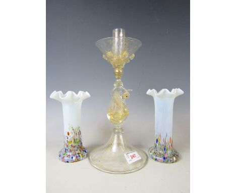 A Venetian aventurine glass candlestick together with a pair of vaseline glass vases