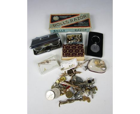 Opera / field glasses together with a Rolls Razor, a lighter, cuff links and tie pins etc