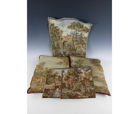 A pair of vintage tapestry scatter cushions, each depicting a different rural idyll, backed in rose velvet, together with thr