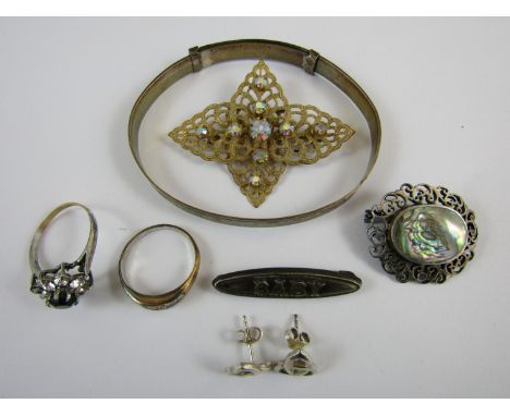 A silver bangle, a vintage 'Baby' brooch, stamped 925, a white metal and abalone brooch, stamped 925, a pair of contemporary 