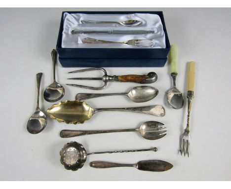 A cased electroplate christening set, together with sundry flatware including an electroplate pastry or bread fork, a dredgin