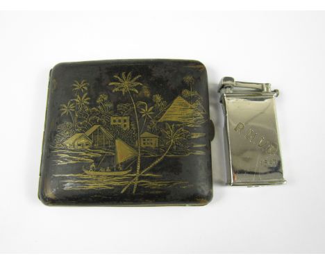 A Tripoli lighter engraved R.M.V.P 1947 together with an Egyptian Japanned cigarette case 