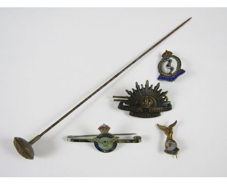 An enamelled Royal Army Medical Corps sweetheart brooch, an ANZACs collar badge, an RAF sweetheart brooch, GS button hat pin 