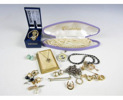 Costume jewellery and watches, including faux pearl necklaces, chains, earrings and brooches, together with a vintage rolled 