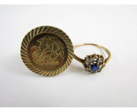 A silver gilt ring in the form of a mounted sovereign, together with a 9ct gold and paste dress ring (a/f) 