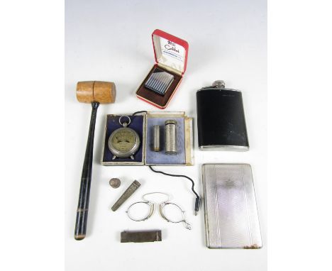 Sundry collectors' items including a turned wooden gavel, a cased Colibri Monomatic lighter, a silver thimble and a pince-nez