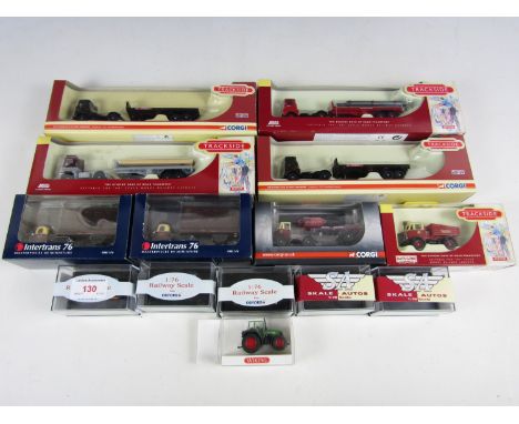 [Model Railway] Six boxed Corgi trackside wagons together with six railway scale tractors and vans etc