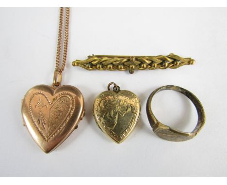 Two vintage rolled-gold lockets, a rolled-gold Victorian bar brooch and a vintage gold plated signet ring 