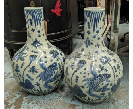 BOTTLE VASES, a pair, 60cm H, Chinese Export style blue and white ceramic. (2) 
