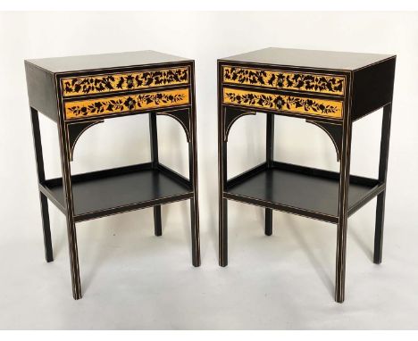 LAMP TABLES, a pair, Regency style lacquered and gilded each with two frieze drawers, 47cm W x 35cm D x 74cm H. (2) 