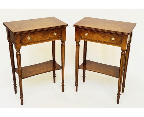 LAMP TABLES, a pair, George III design burr walnut and crossbanded each with drawer and undertier, 51cm W x 30cm D x 76cm H. 