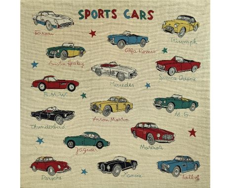 PAUL SMITH FOR RUG COMPANY SPORTS CARS TAPESTRY ON STRETCHER, 105cm x 107cm. 