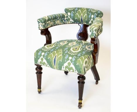 DESK CHAIR, 78cm H x 61cm W, Victorian mahogany, circa 1870, in green Colefax and Fowler material on ceramic castors. 