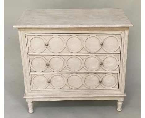 COMMODE, vintage Scandinavian style with three long drawers and circular panels, 90cm x 84cm H x 51cm. 
