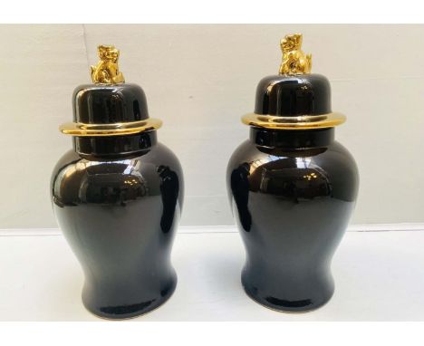 TEMPLE JARS WITH LIDS, a pair, 67cm H x 32cm diam, glazed ceramic, foo dog detail to covers. (2) 