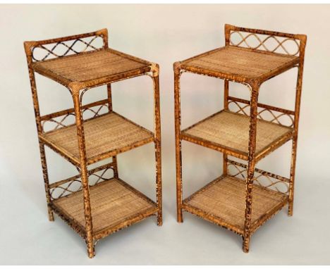 BAMBOO LAMP TABLES, a pair, 1970's bamboo framed and cane panelled with three tiers and upstand, 80cm H x 36cm x 36cm. (2) 