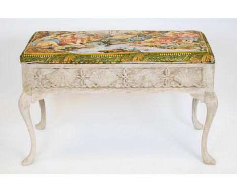 STOOL, 59cm H x 100cm W x 53cm D, stripped and painted oak with tapestry style seat. 
