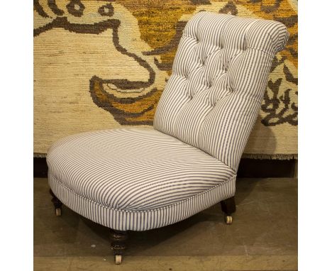 SLIPPER CHAIR, 78cm H x 67cm, Victorian walnut in ticking on ceramic castors. 
