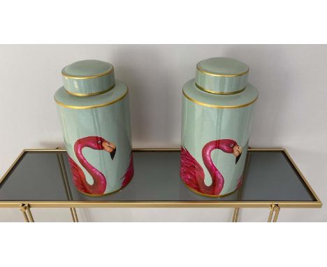 GINGER JARS, pair, 40cm high, 20cm diameter, glazed ceramic with flamingo design. (2) 