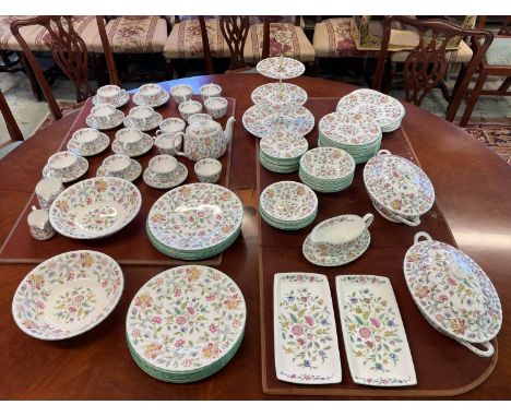 MINTON DINNER SERVICE, 'Haddon Hall' pattern, including fifteen dinner plates, fifteen bowls, fourteen side plates, two lidde