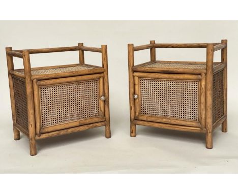 LAMP TABLES, a pair, bamboo framed, wicker panelled and cane bound each with door and gallery, 33cm x 37cm D x 60cm H. (2) 