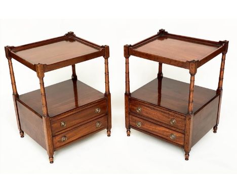 LAMP TABLES, a pair, George III style mahogany, each with gallery, two tiers and two drawers, 48cm W x 42cm D x 66cm H. (2) 