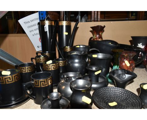 A 1960S PORTMEIRION BLACK AND GOLD 'GREEK KEY' COFFEE SET AND A GROUP OF STUDIO POTTERY, to include eighteen pieces of Portme