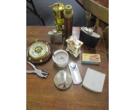 A Welsh brass reproduction miners lamp, a field telescope, a barometer, a vintage Matchbox bus in original box and other item
