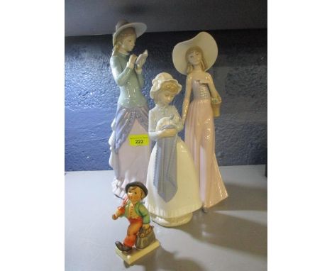 A Lladro figure of a young girl reading a book, two Nao figures and a small Goebel figure of a whistling boy 