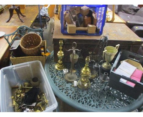 A mixed lot to include a metal twin handled trunk, mixed brassware, chandelier, table lamps and other items 