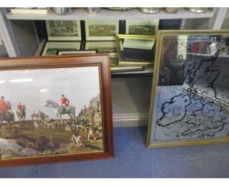 Nine hunting prints and a small gilt mirror and a glass horse mirror 