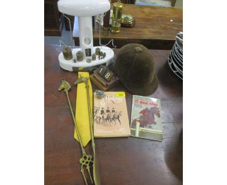 A vintage riding helmet for display purpose only and horse related items, together with a set of vintage Avery scales with we