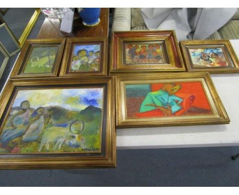 A group of six African oil paintings, Chain Muchandi - portrait of five school children and another by the same hand, Ash Rum