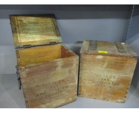 A pair of 1945 Territorial Army battery boxes with twin handles 