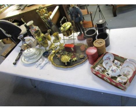 A mixed lot to include ceramics, metalware and other items, including a boxed child's tea set, Grants Scotch Whisky leather c