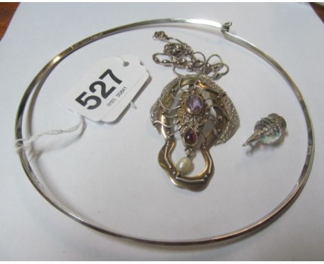 A Mexican 925 collar necklace, silver organic form brooch set pearl and purple stones, a silver necklace and a charm