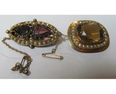 A Victorian seed pearl and citrine brooch and a pearl and amethyst brooch (both missing pearl)