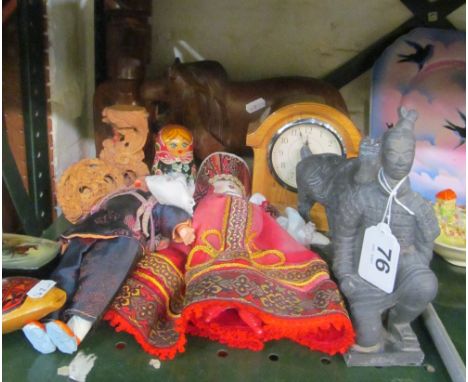 A Russian box, clock, three dolls and two oriental items