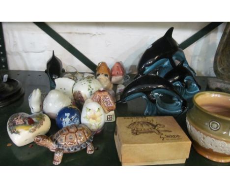 A Wade tortoise in original box, four Poole Pottery dolphins and other china