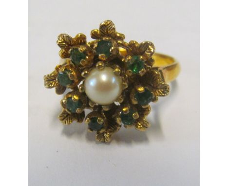 A 9ct gold ring set pearl and green stones Size J