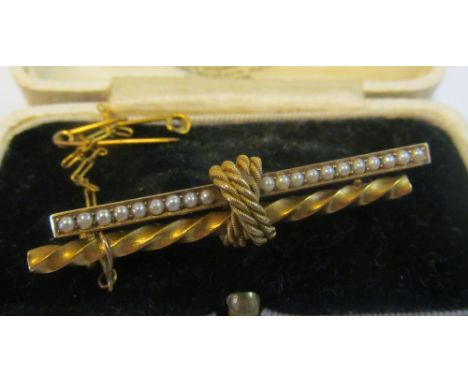 A 15ct gold and seed pearl double bar brooch