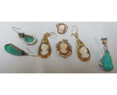 A pair of cameo earrings, cameo pendant and ring, and a pair of turquoise earrings and pendant