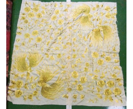 A Victorian embroidered silk panel heavily embroidered in gilt thread birds and flowers and an Art Deco black shawl with abst